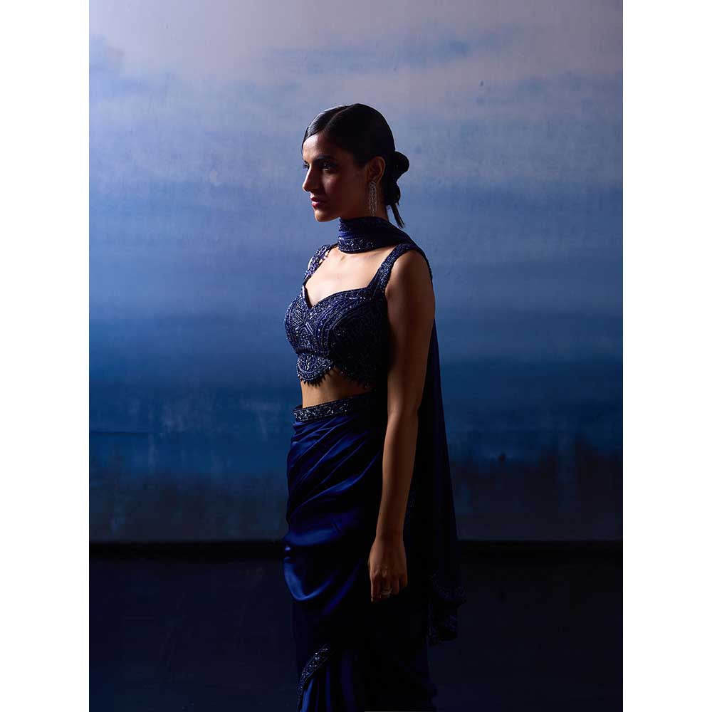 ANGAD SINGH Midnight Blue Satin Saree with Stitched Blouse and Petticoat