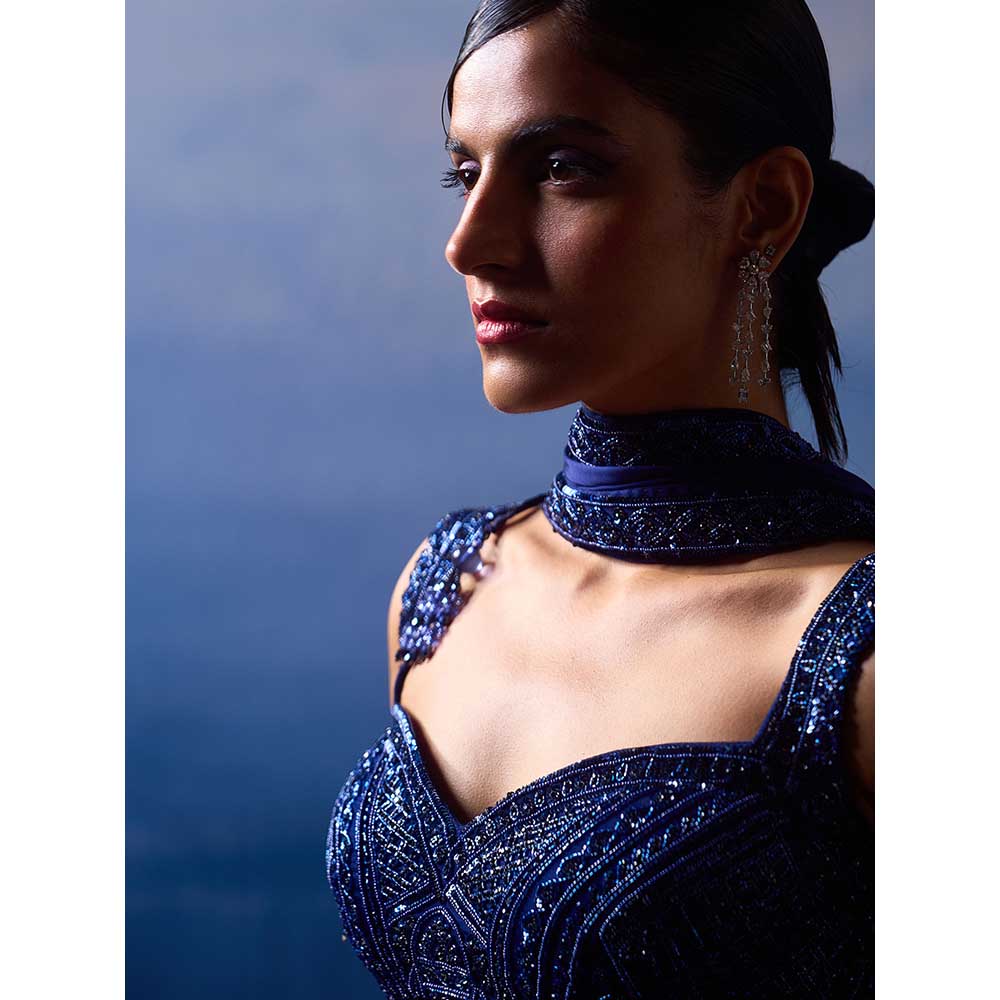 ANGAD SINGH Midnight Blue Satin Saree with Stitched Blouse and Petticoat