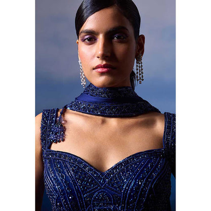 ANGAD SINGH Midnight Blue Satin Saree with Stitched Blouse and Petticoat
