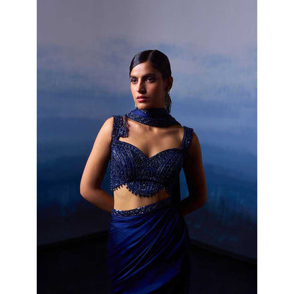 ANGAD SINGH Midnight Blue Satin Saree with Stitched Blouse and Petticoat