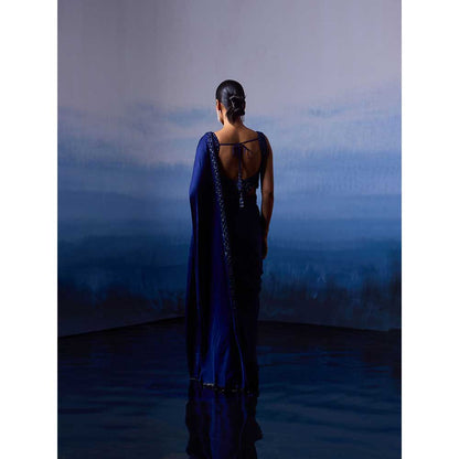 ANGAD SINGH Midnight Blue Satin Saree with Stitched Blouse and Petticoat