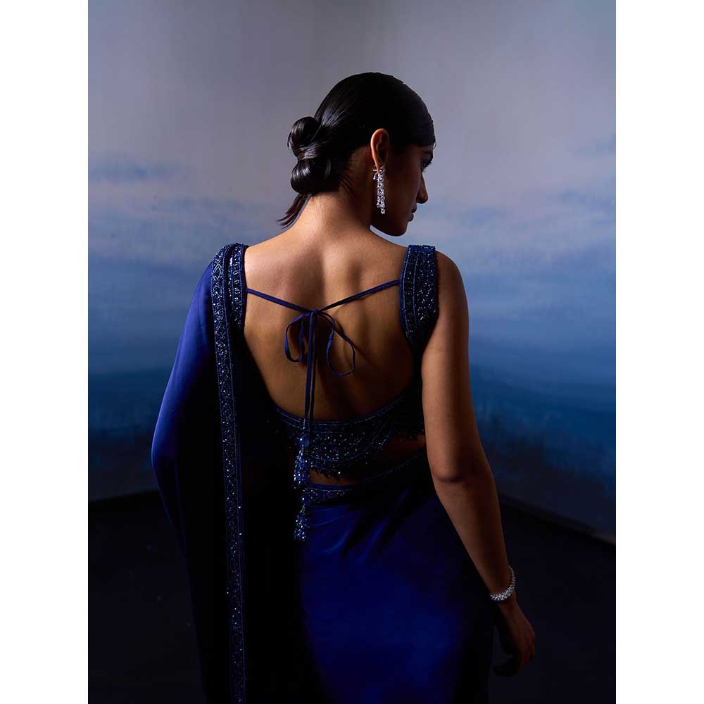 ANGAD SINGH Midnight Blue Satin Saree with Stitched Blouse and Petticoat