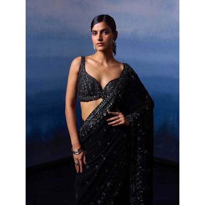 ANGAD SINGH Black Gear Saree with Stitched Blouse and Petticoat