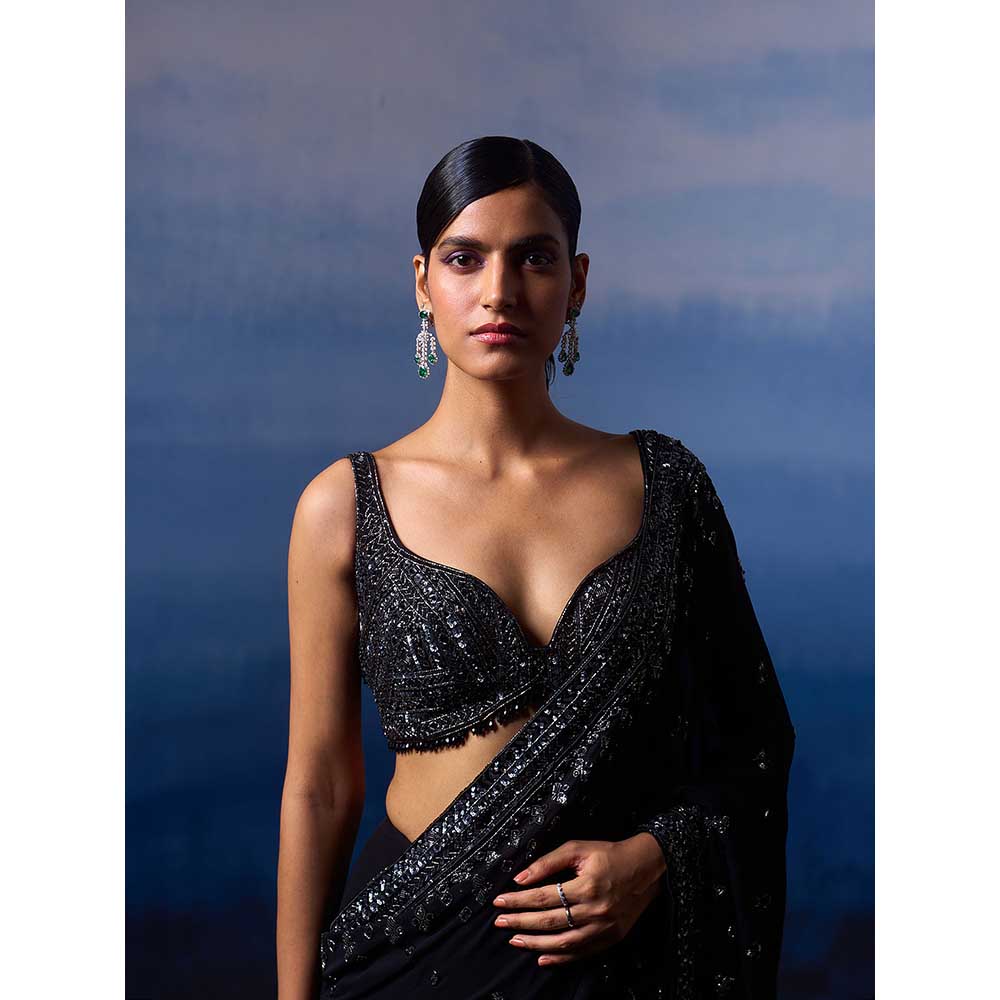 ANGAD SINGH Black Gear Saree with Stitched Blouse and Petticoat
