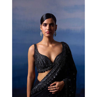 ANGAD SINGH Black Gear Saree with Stitched Blouse and Petticoat