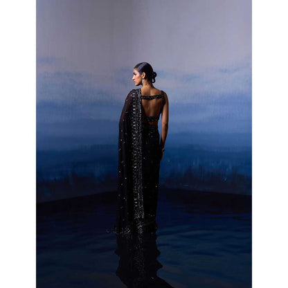 ANGAD SINGH Black Gear Saree with Stitched Blouse and Petticoat