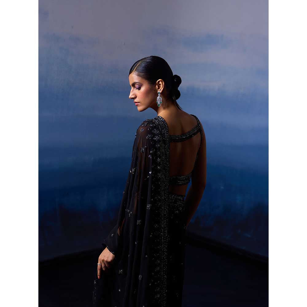 ANGAD SINGH Black Gear Saree with Stitched Blouse and Petticoat