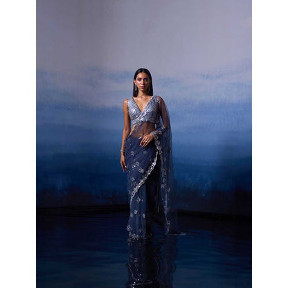 ANGAD SINGH Grey Net Saree with Stitched Blouse and Petticoat