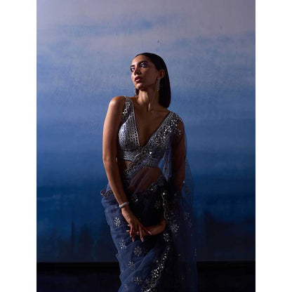 ANGAD SINGH Grey Net Saree with Stitched Blouse and Petticoat