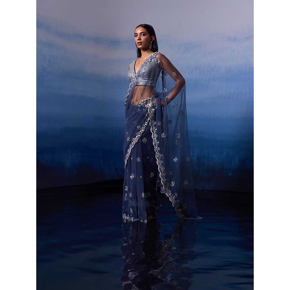 ANGAD SINGH Grey Net Saree with Stitched Blouse and Petticoat