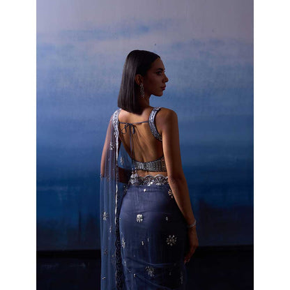 ANGAD SINGH Grey Net Saree with Stitched Blouse and Petticoat