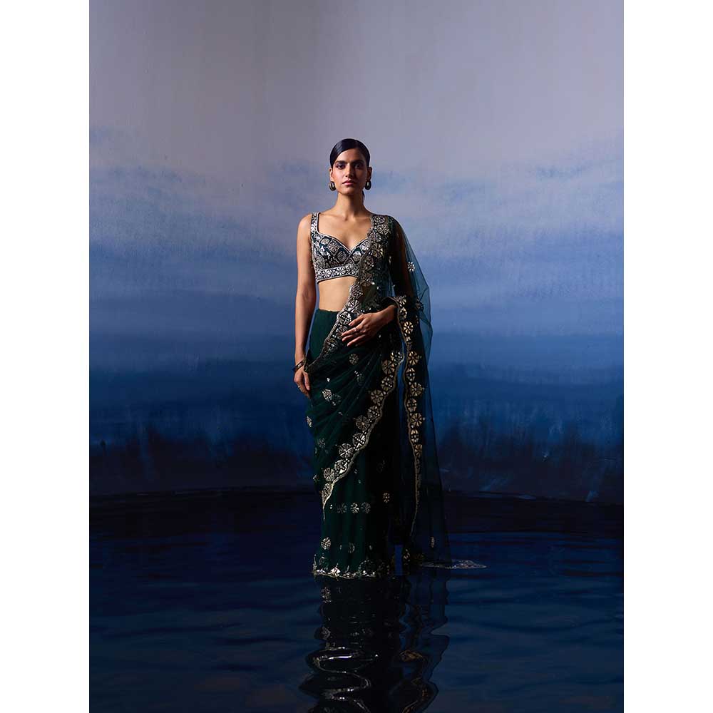 ANGAD SINGH Green Net Saree with Stitched Blouse and Petticoat