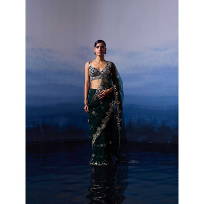 ANGAD SINGH Green Net Saree with Stitched Blouse and Petticoat