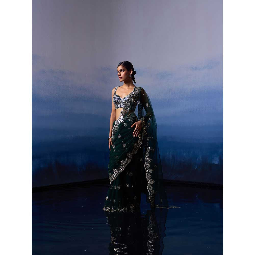 ANGAD SINGH Green Net Saree with Stitched Blouse and Petticoat