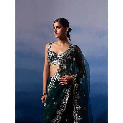 ANGAD SINGH Green Net Saree with Stitched Blouse and Petticoat