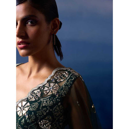 ANGAD SINGH Green Net Saree with Stitched Blouse and Petticoat