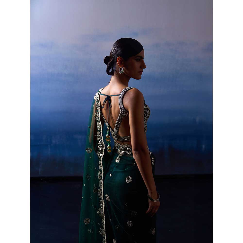 ANGAD SINGH Green Net Saree with Stitched Blouse and Petticoat