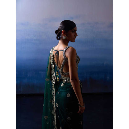 ANGAD SINGH Green Net Saree with Stitched Blouse and Petticoat
