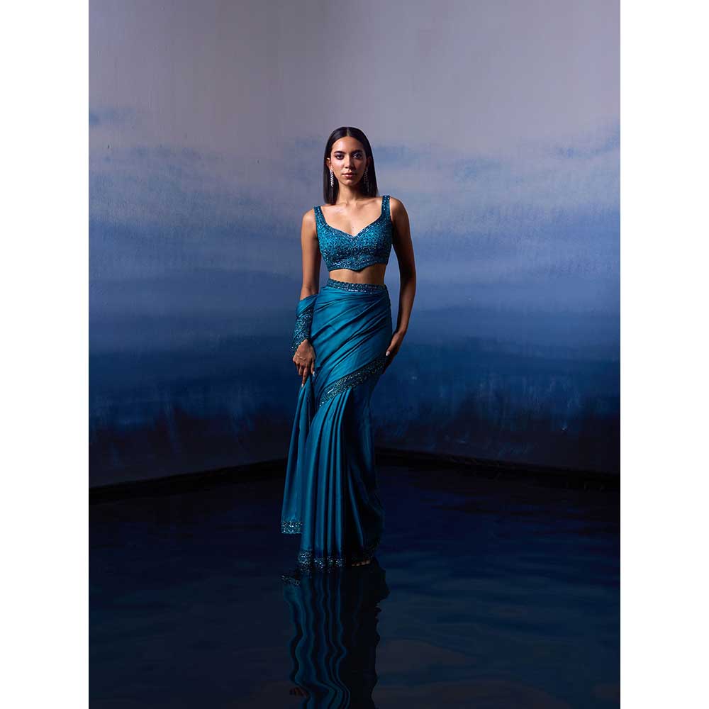 ANGAD SINGH Peacock Blue Satin Saree with Stitched Blouse and Petticoat