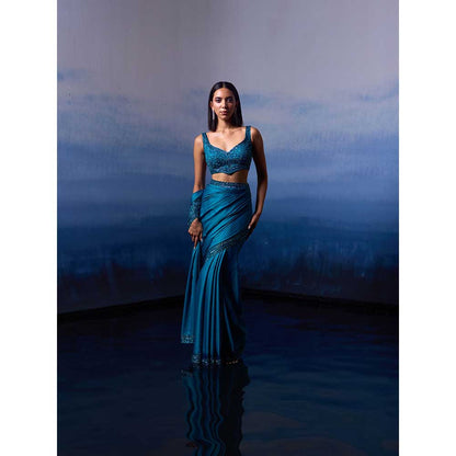 ANGAD SINGH Peacock Blue Satin Saree with Stitched Blouse and Petticoat