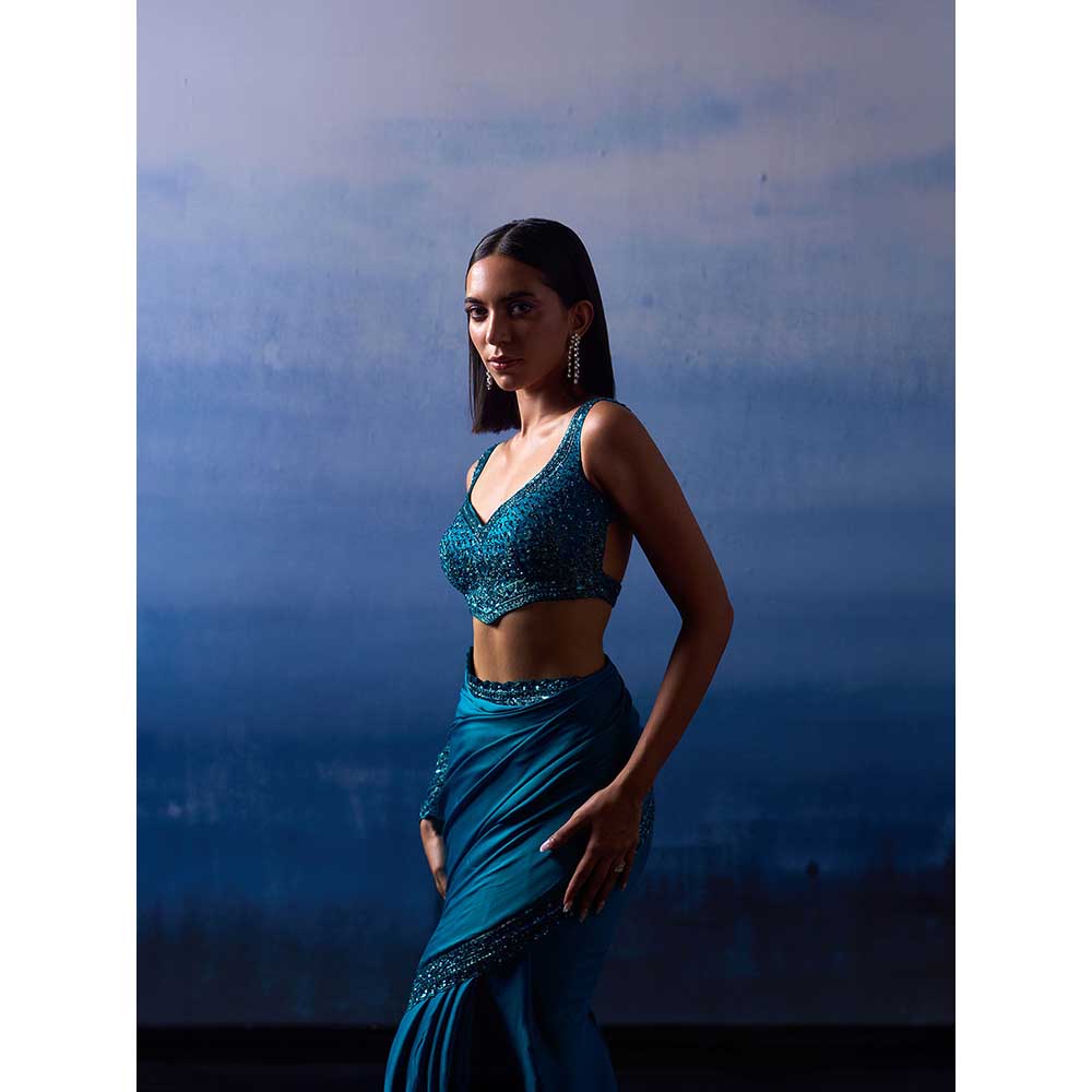 ANGAD SINGH Peacock Blue Satin Saree with Stitched Blouse and Petticoat