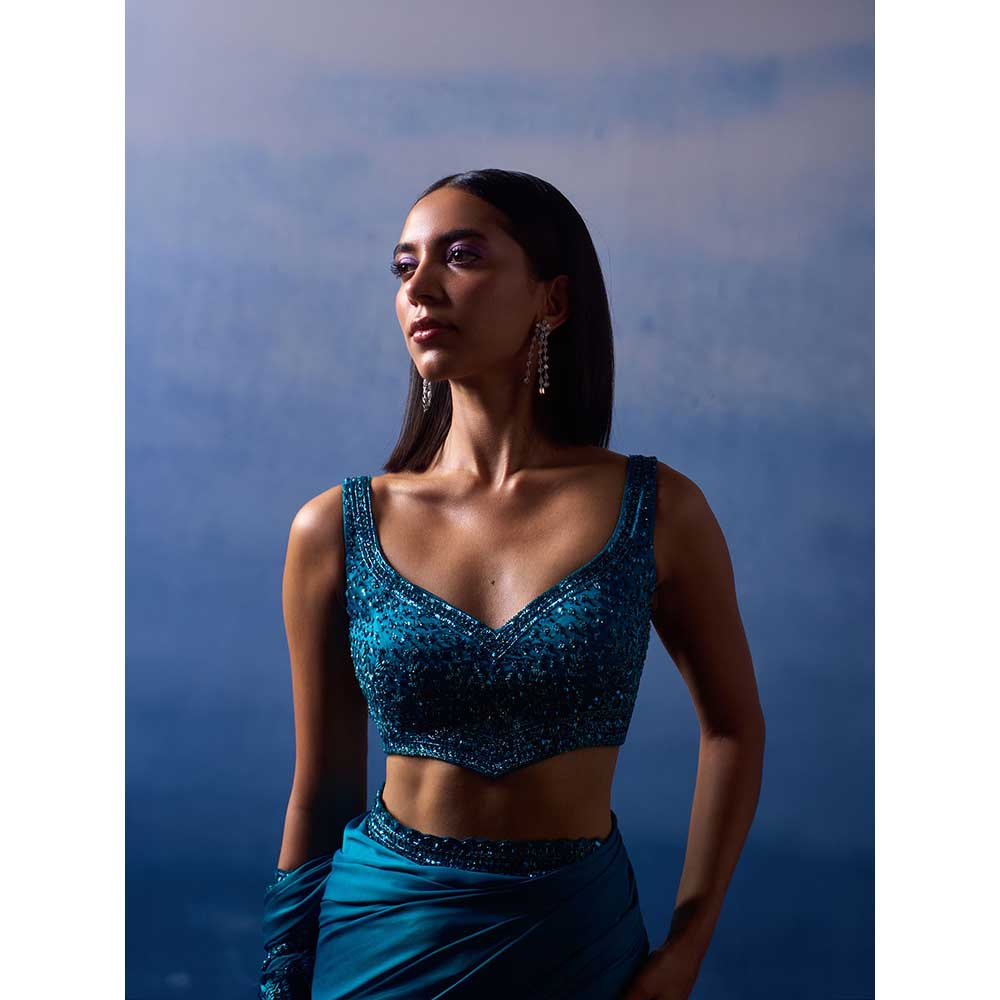 ANGAD SINGH Peacock Blue Satin Saree with Stitched Blouse and Petticoat