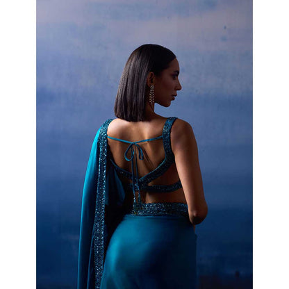 ANGAD SINGH Peacock Blue Satin Saree with Stitched Blouse and Petticoat