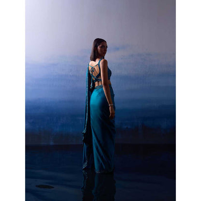 ANGAD SINGH Peacock Blue Satin Saree with Stitched Blouse and Petticoat