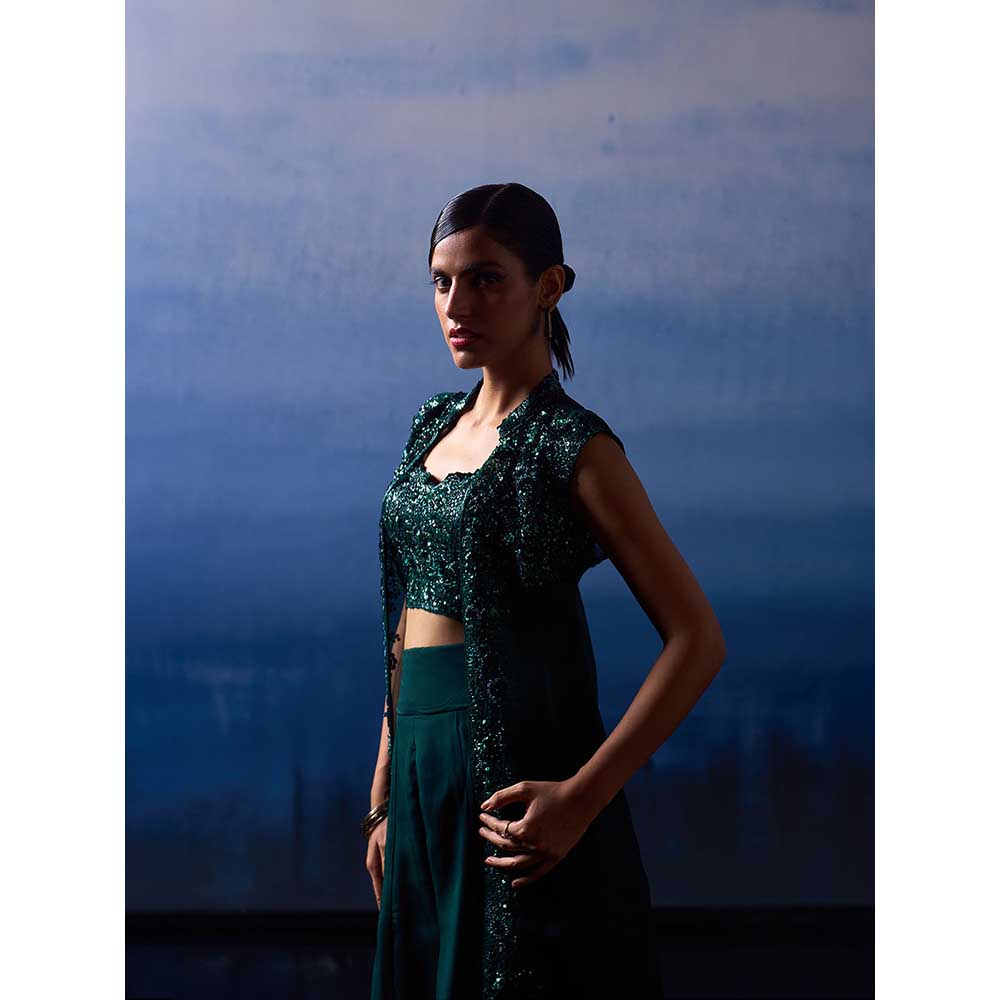 ANGAD SINGH Forest Green Organza Top with Jacket and Sharara (Set of 3)