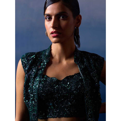 ANGAD SINGH Forest Green Organza Top with Jacket and Sharara (Set of 3)