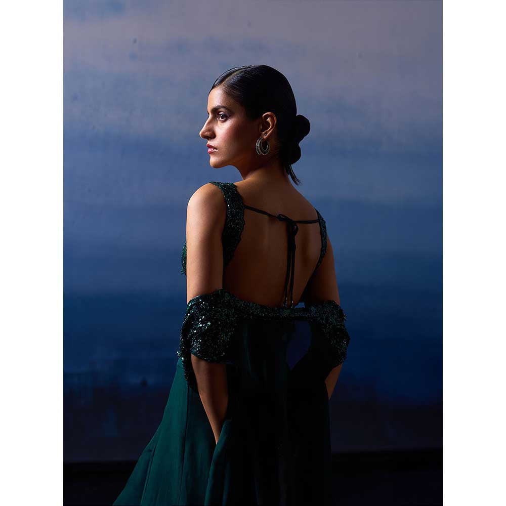 ANGAD SINGH Forest Green Organza Top with Jacket and Sharara (Set of 3)