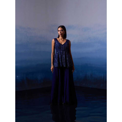 ANGAD SINGH Mid Night Blue Organza Kurti with Sharara (Set of 2)