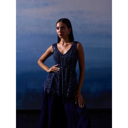 ANGAD SINGH Mid Night Blue Organza Kurti with Sharara (Set of 2)