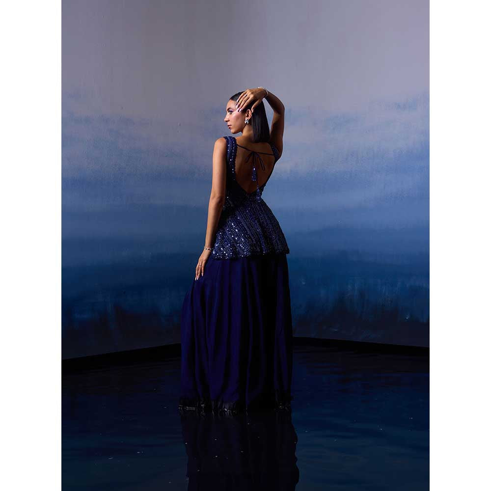 ANGAD SINGH Mid Night Blue Organza Kurti with Sharara (Set of 2)