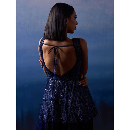 ANGAD SINGH Mid Night Blue Organza Kurti with Sharara (Set of 2)