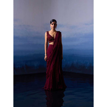 ANGAD SINGH Burgundy Drape Saree with Stitched Blouse