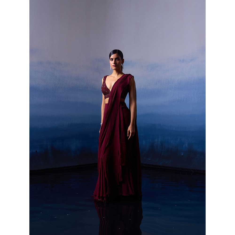 ANGAD SINGH Burgundy Drape Saree with Stitched Blouse
