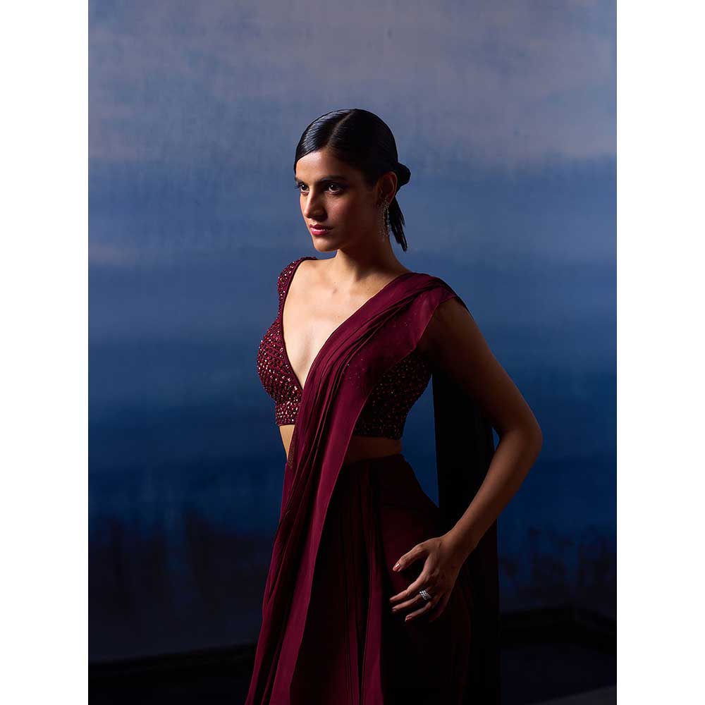 ANGAD SINGH Burgundy Drape Saree with Stitched Blouse