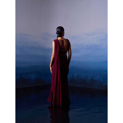 ANGAD SINGH Burgundy Drape Saree with Stitched Blouse