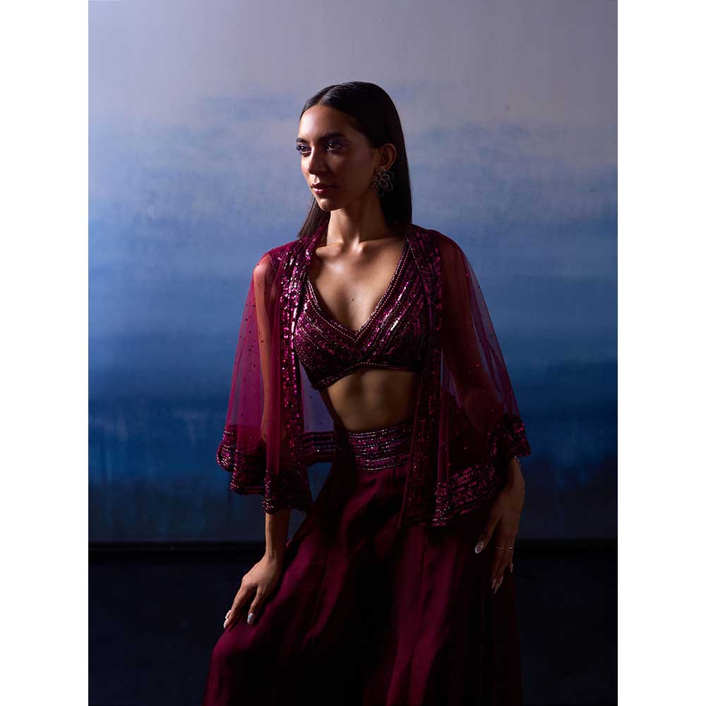 ANGAD SINGH Wine Organza Top with Cape and Sharara (Set of 3)