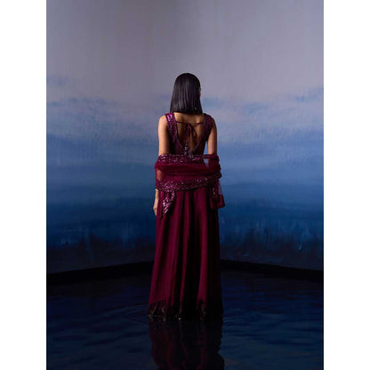 ANGAD SINGH Wine Organza Top with Cape and Sharara (Set of 3)