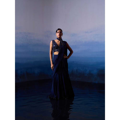 ANGAD SINGH Midnight Blue Silk Drape Saree with Stitched Blouse & Belt