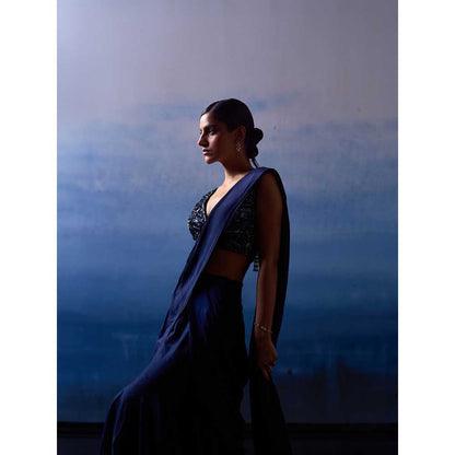ANGAD SINGH Midnight Blue Silk Drape Saree with Stitched Blouse & Belt