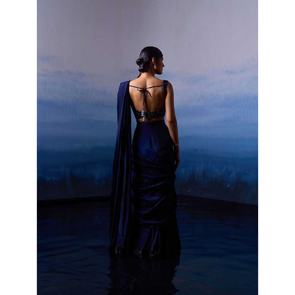 ANGAD SINGH Midnight Blue Silk Drape Saree with Stitched Blouse & Belt
