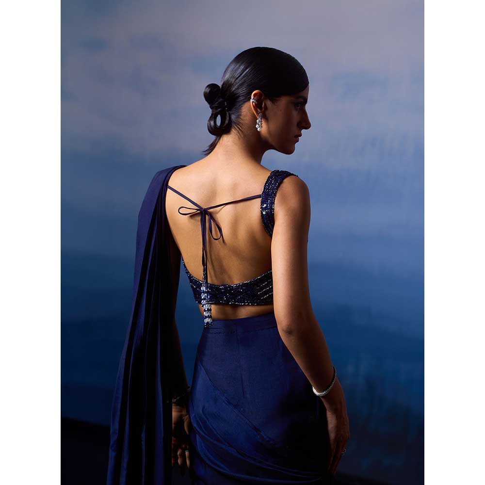ANGAD SINGH Midnight Blue Silk Drape Saree with Stitched Blouse & Belt