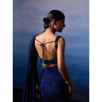 ANGAD SINGH Midnight Blue Silk Drape Saree with Stitched Blouse & Belt