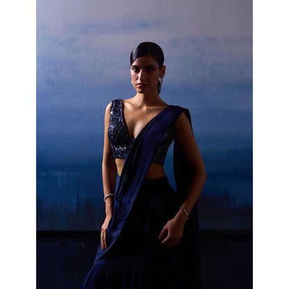 ANGAD SINGH Midnight Blue Silk Drape Saree with Stitched Blouse & Belt