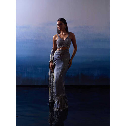 ANGAD SINGH Metallic Grey Tissue Saree with Stitched Blouse and Petticoat