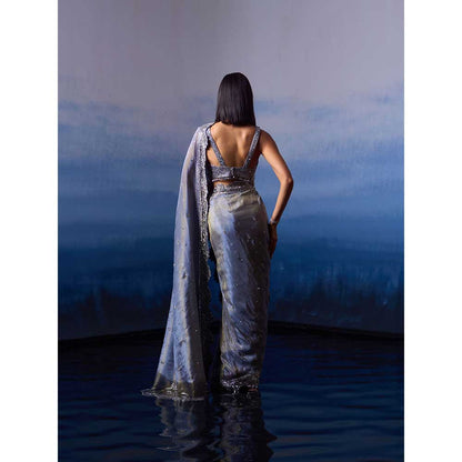 ANGAD SINGH Metallic Grey Tissue Saree with Stitched Blouse and Petticoat