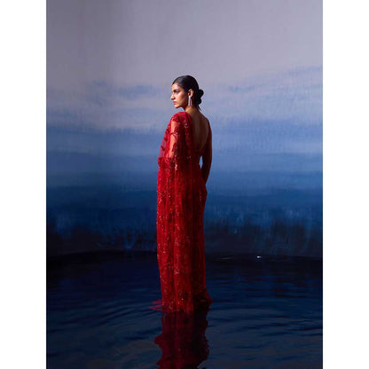 ANGAD SINGH Ruby Red Net Saree with Stitched Blouse and Petticoat